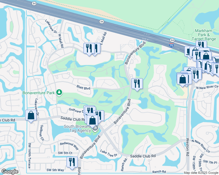 map of restaurants, bars, coffee shops, grocery stores, and more near 16451 Blatt Boulevard in Weston