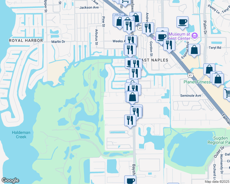 map of restaurants, bars, coffee shops, grocery stores, and more near 2730 Lakeview Drive in Naples