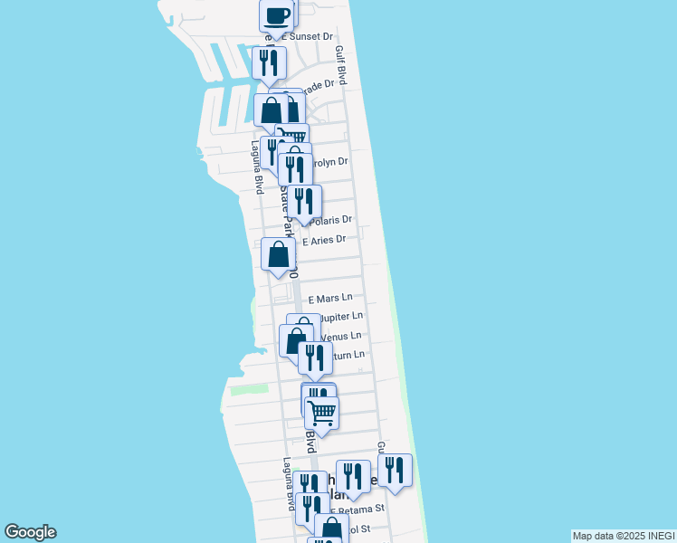 map of restaurants, bars, coffee shops, grocery stores, and more near 114 East Constellation Drive in South Padre Island