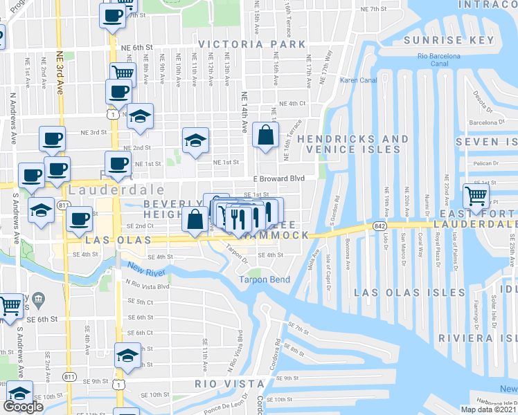 map of restaurants, bars, coffee shops, grocery stores, and more near 1501 Southeast 2nd Street in Fort Lauderdale