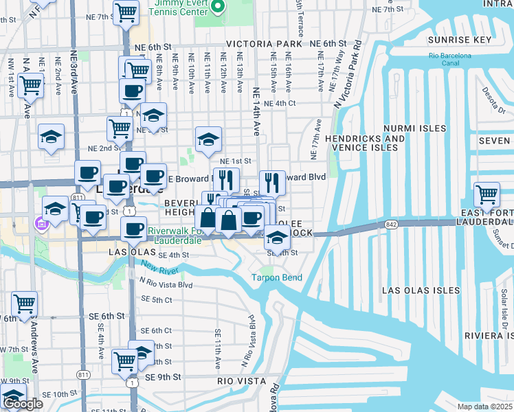 map of restaurants, bars, coffee shops, grocery stores, and more near 1315 Southeast 2nd Street in Fort Lauderdale