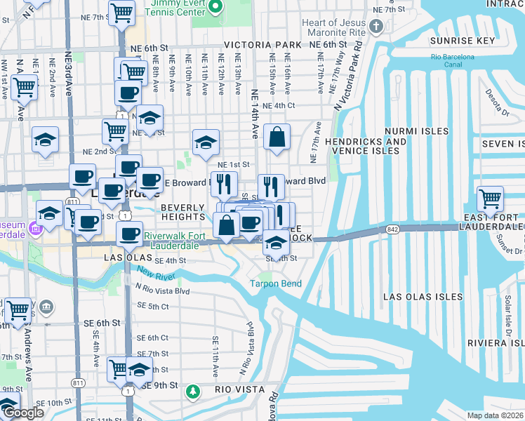 map of restaurants, bars, coffee shops, grocery stores, and more near 1403 Southeast 2nd Street in Fort Lauderdale