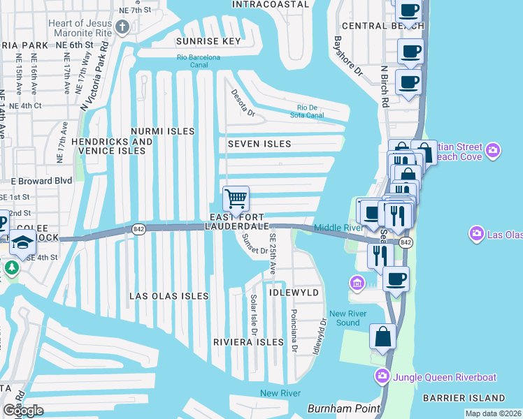 map of restaurants, bars, coffee shops, grocery stores, and more near 2422 Delmar Place in Fort Lauderdale