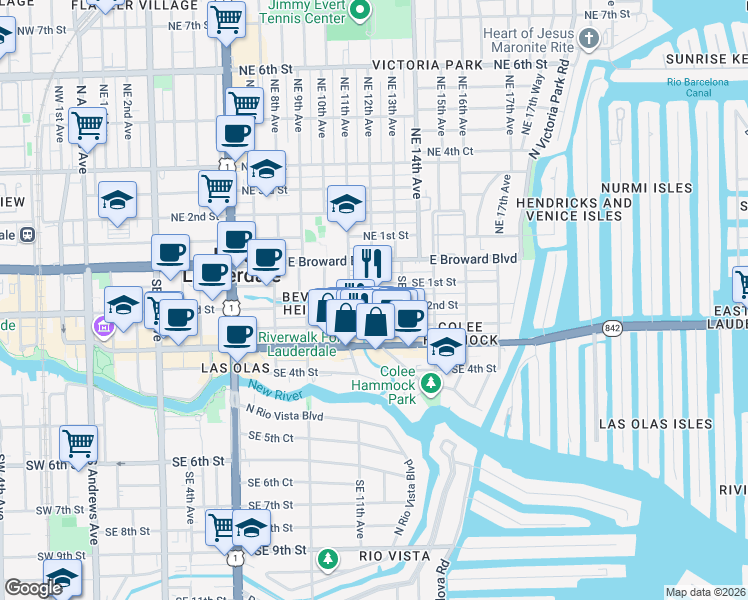 map of restaurants, bars, coffee shops, grocery stores, and more near 1201 Southeast 2nd Street in Fort Lauderdale