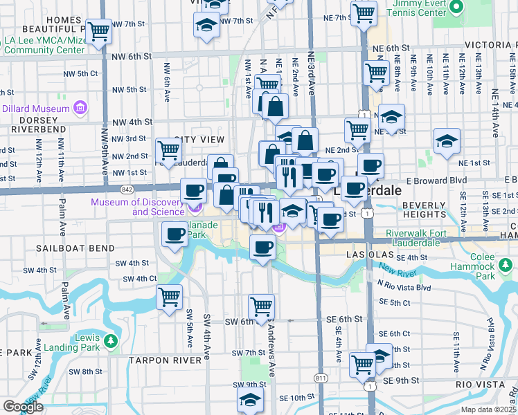 map of restaurants, bars, coffee shops, grocery stores, and more near 115 South Andrews Avenue in Fort Lauderdale