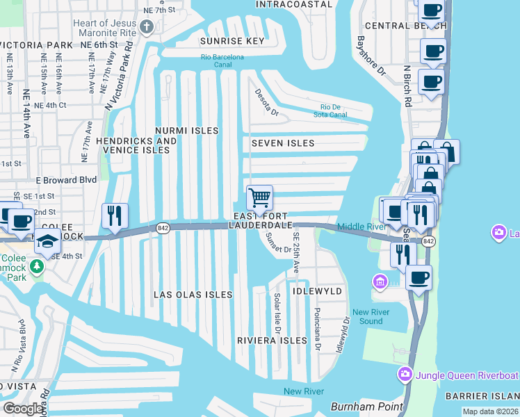 map of restaurants, bars, coffee shops, grocery stores, and more near 2310 Delmar Place in Fort Lauderdale