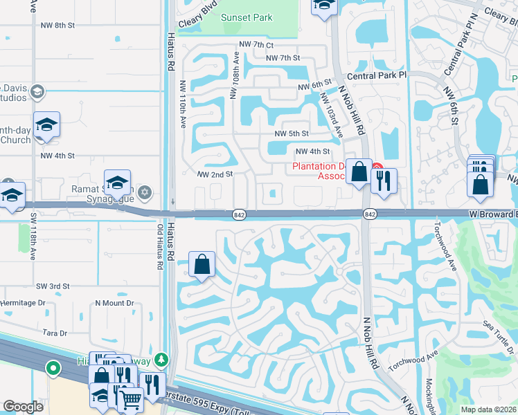 map of restaurants, bars, coffee shops, grocery stores, and more near 10750 Northwest 1st Street in Plantation