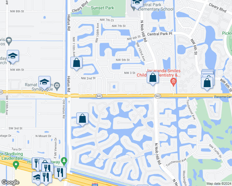 map of restaurants, bars, coffee shops, grocery stores, and more near 10650 Northwest 1st Street in Plantation