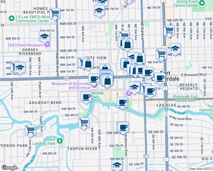 map of restaurants, bars, coffee shops, grocery stores, and more near 120 Southwest 3rd Avenue in Fort Lauderdale