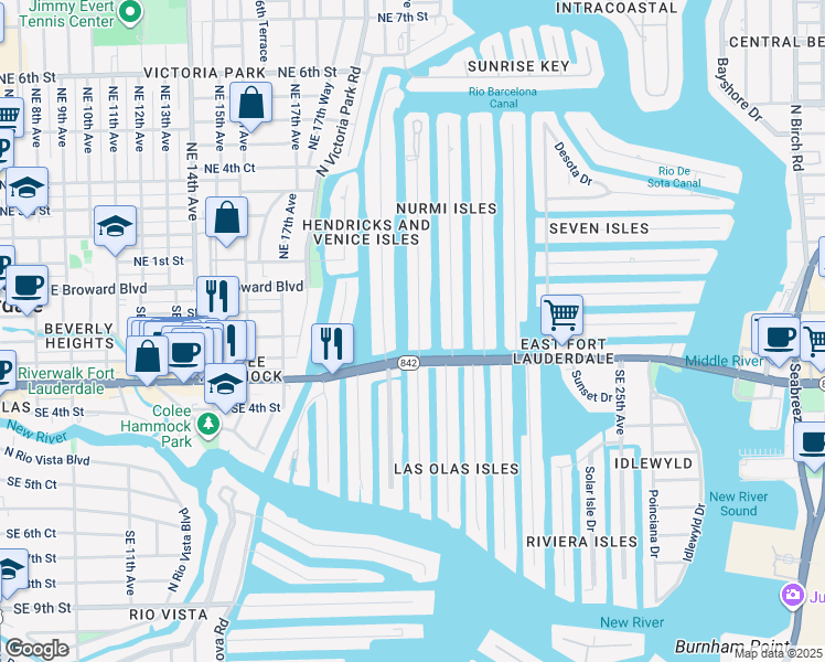 map of restaurants, bars, coffee shops, grocery stores, and more near 15 Isle of Venice Drive in Fort Lauderdale