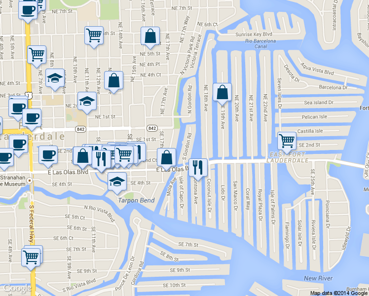 map of restaurants, bars, coffee shops, grocery stores, and more near 201 South Gordon Road in Fort Lauderdale