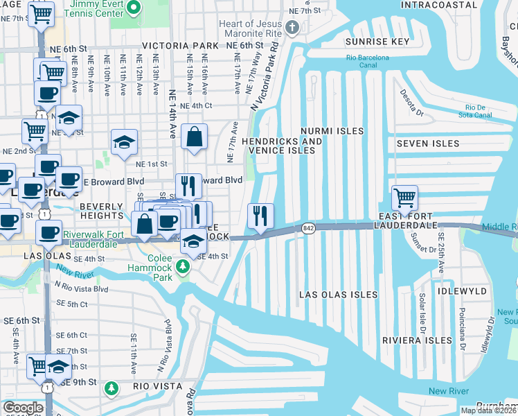 map of restaurants, bars, coffee shops, grocery stores, and more near 201 South Gordon Road in Fort Lauderdale