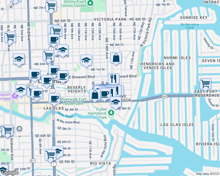 map of restaurants, bars, coffee shops, grocery stores, and more near 1403 Southeast 2nd Street in Fort Lauderdale