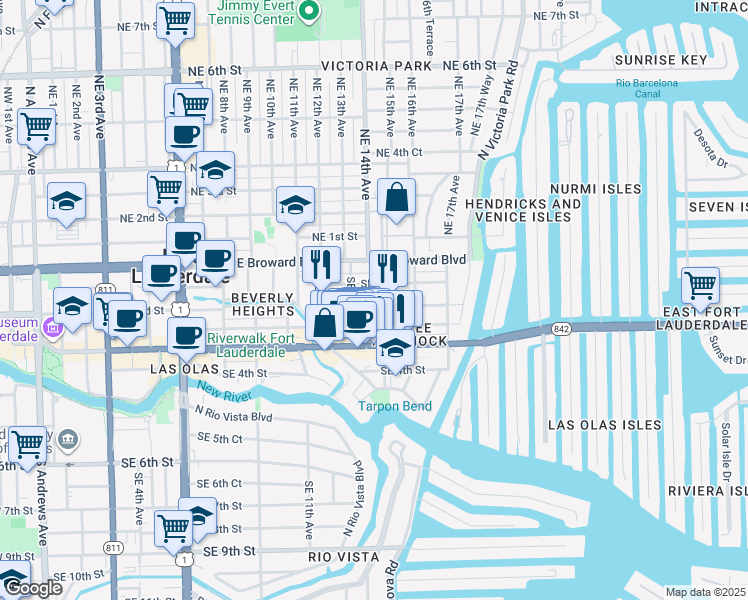 map of restaurants, bars, coffee shops, grocery stores, and more near 1403 Southeast 2nd Street in Fort Lauderdale