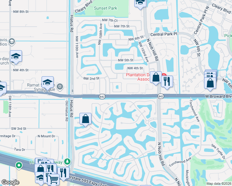 map of restaurants, bars, coffee shops, grocery stores, and more near 10750 Northwest 1st Street in Plantation