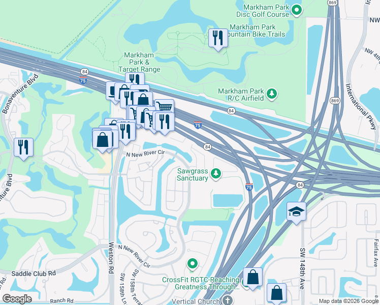 map of restaurants, bars, coffee shops, grocery stores, and more near 114 Riverwalk Circle in Sunrise