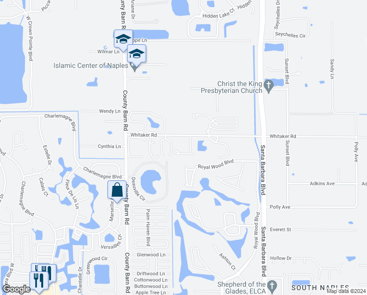 map of restaurants, bars, coffee shops, grocery stores, and more near 5767 Whitaker Road in Naples