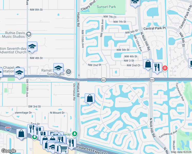 map of restaurants, bars, coffee shops, grocery stores, and more near 10907 West Broward Boulevard in Plantation