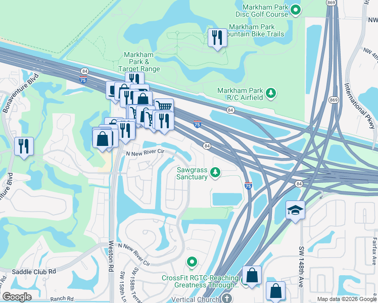 map of restaurants, bars, coffee shops, grocery stores, and more near 114 Riverwalk Circle in Sunrise