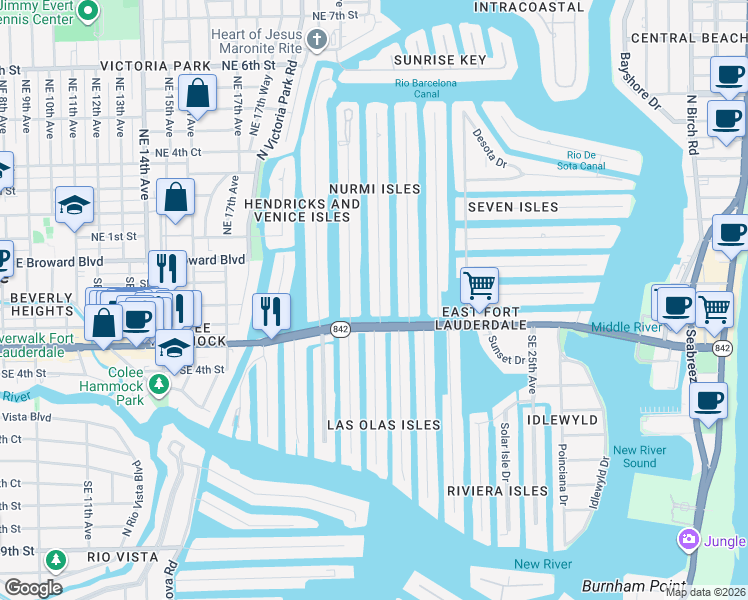 map of restaurants, bars, coffee shops, grocery stores, and more near 7 Fiesta Way in Fort Lauderdale