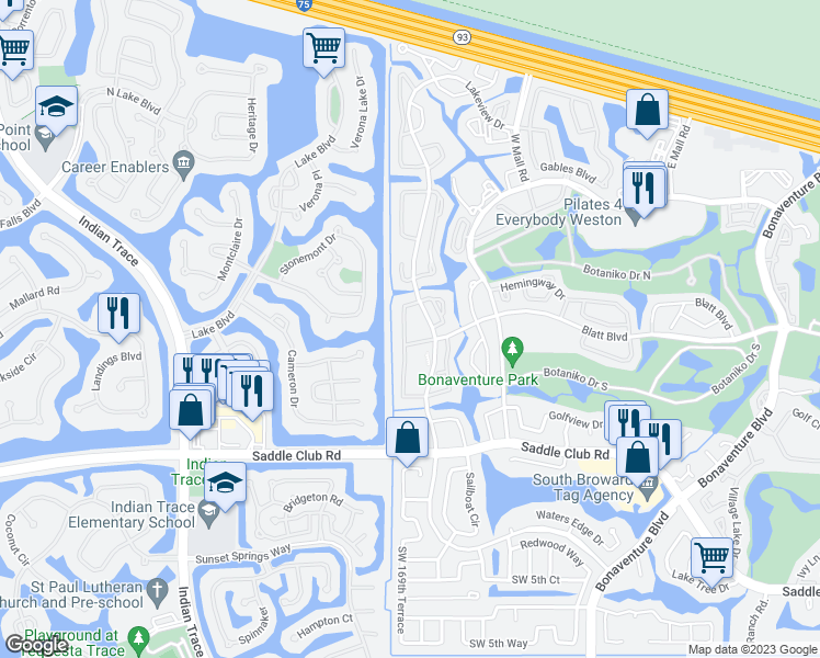 map of restaurants, bars, coffee shops, grocery stores, and more near 407 Lakeview Drive in Weston