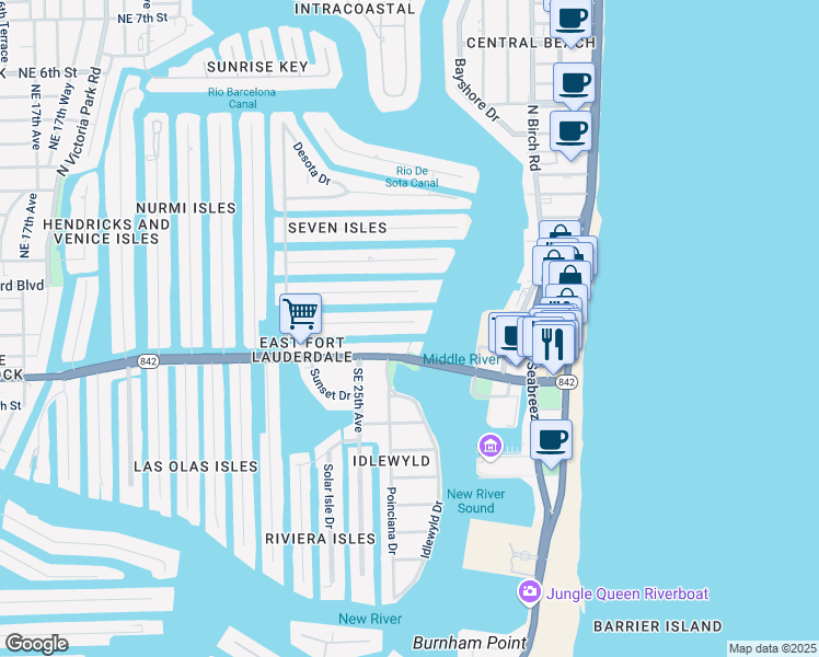 map of restaurants, bars, coffee shops, grocery stores, and more near 2616 Delmar Place in Fort Lauderdale
