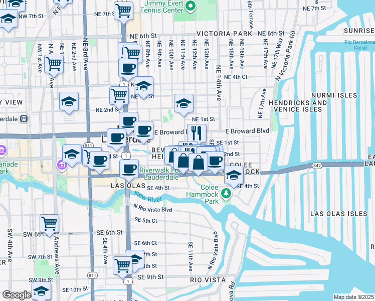 map of restaurants, bars, coffee shops, grocery stores, and more near 117 Southeast 12th Avenue in Fort Lauderdale