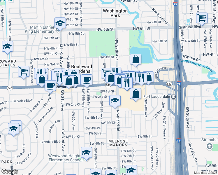 map of restaurants, bars, coffee shops, grocery stores, and more near 2799 Southwest 1st Street in Fort Lauderdale