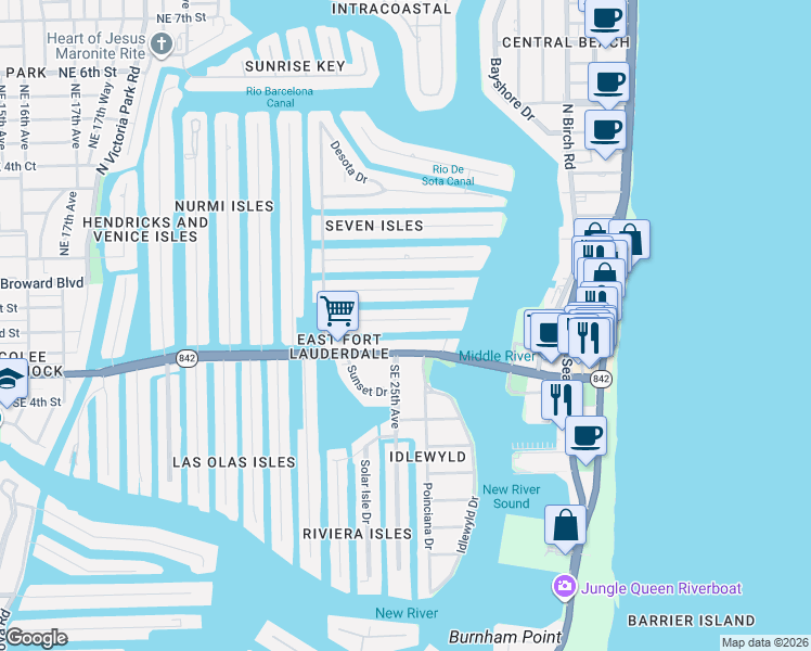 map of restaurants, bars, coffee shops, grocery stores, and more near 2508 Delmar Place in Fort Lauderdale