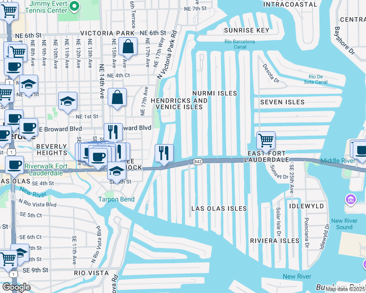 map of restaurants, bars, coffee shops, grocery stores, and more near 19 Hendricks Isle in Fort Lauderdale