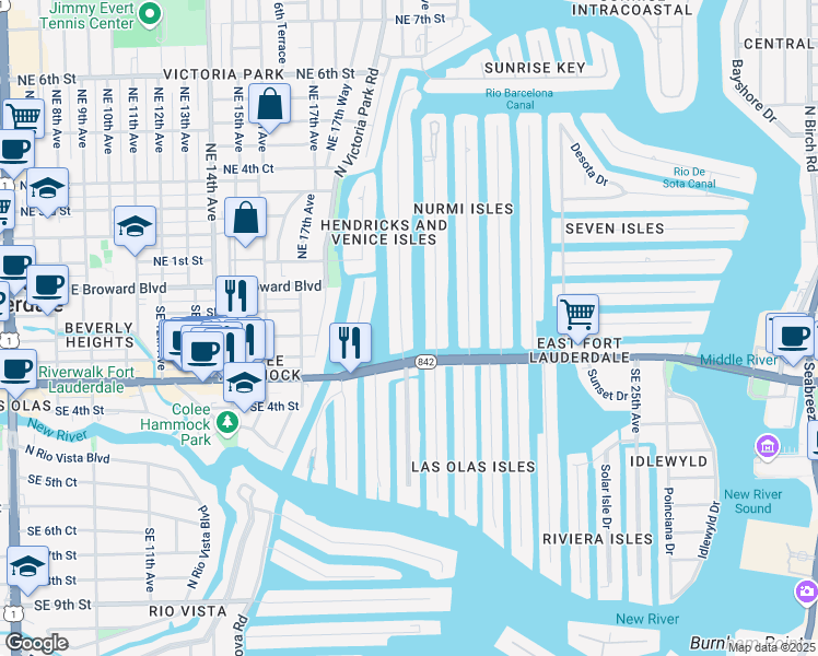 map of restaurants, bars, coffee shops, grocery stores, and more near 24 Hendricks Isle Drive in Fort Lauderdale