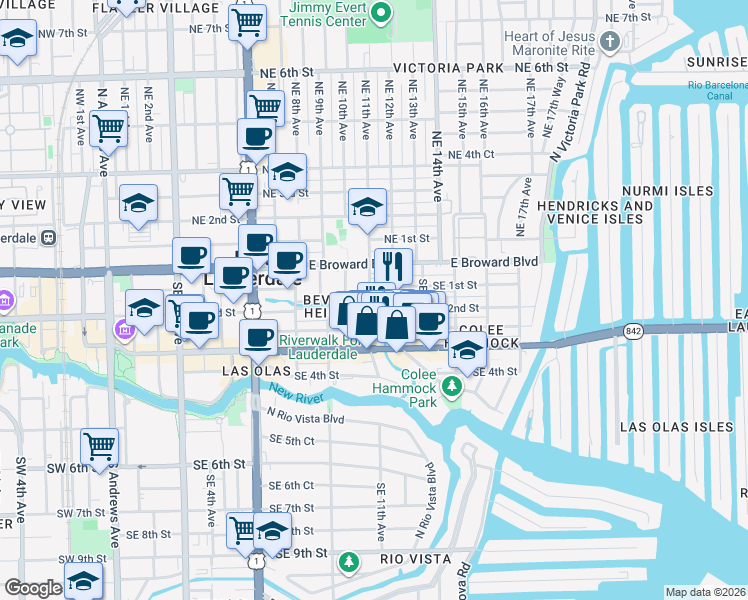 map of restaurants, bars, coffee shops, grocery stores, and more near 117 Southeast 12th Avenue in Fort Lauderdale
