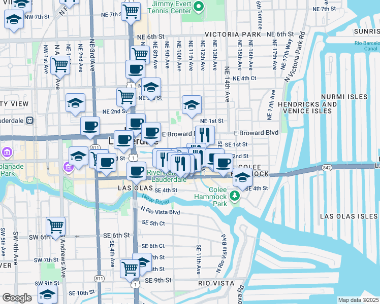 map of restaurants, bars, coffee shops, grocery stores, and more near 38 Southeast 2nd Street in Fort Lauderdale