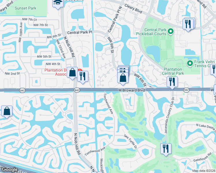 map of restaurants, bars, coffee shops, grocery stores, and more near 9719 West Broward Boulevard in Plantation