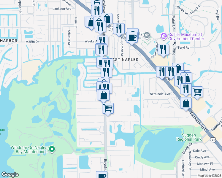 map of restaurants, bars, coffee shops, grocery stores, and more near 3000 Areca Avenue in Naples