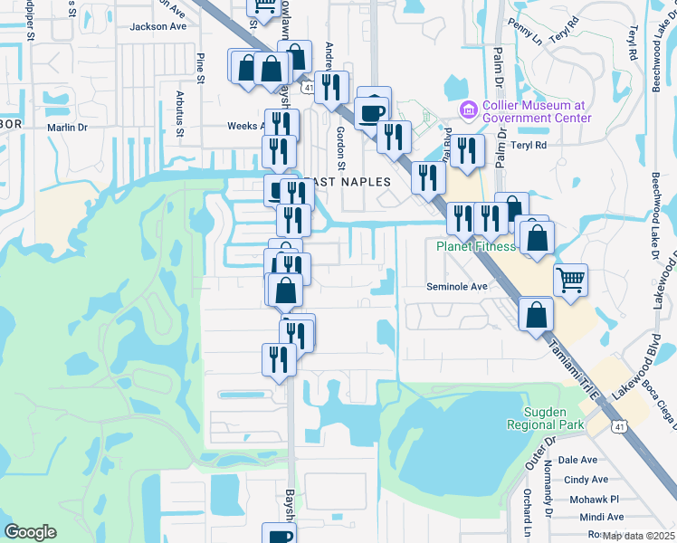 map of restaurants, bars, coffee shops, grocery stores, and more near 3100 Areca Avenue in Naples
