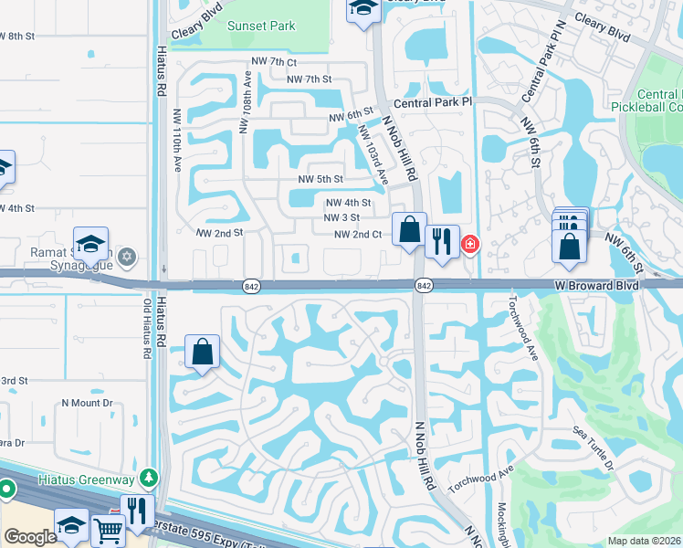 map of restaurants, bars, coffee shops, grocery stores, and more near 10501 West Broward Boulevard in Plantation