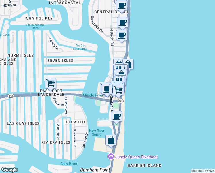 map of restaurants, bars, coffee shops, grocery stores, and more near 135 Poinsettia Street in Fort Lauderdale