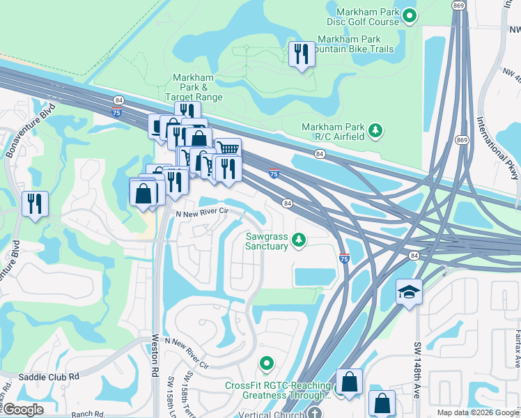 map of restaurants, bars, coffee shops, grocery stores, and more near 114 Riverwalk Circle in Sunrise