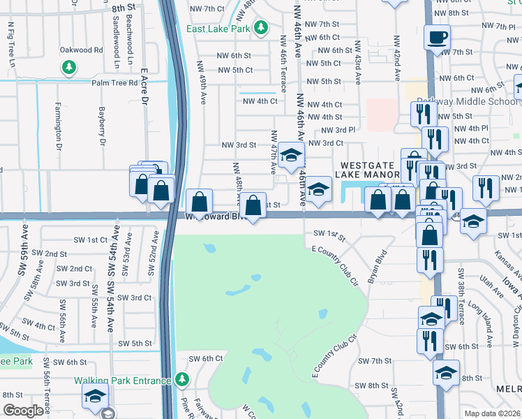 map of restaurants, bars, coffee shops, grocery stores, and more near 4738 Northwest 1st Street in Plantation