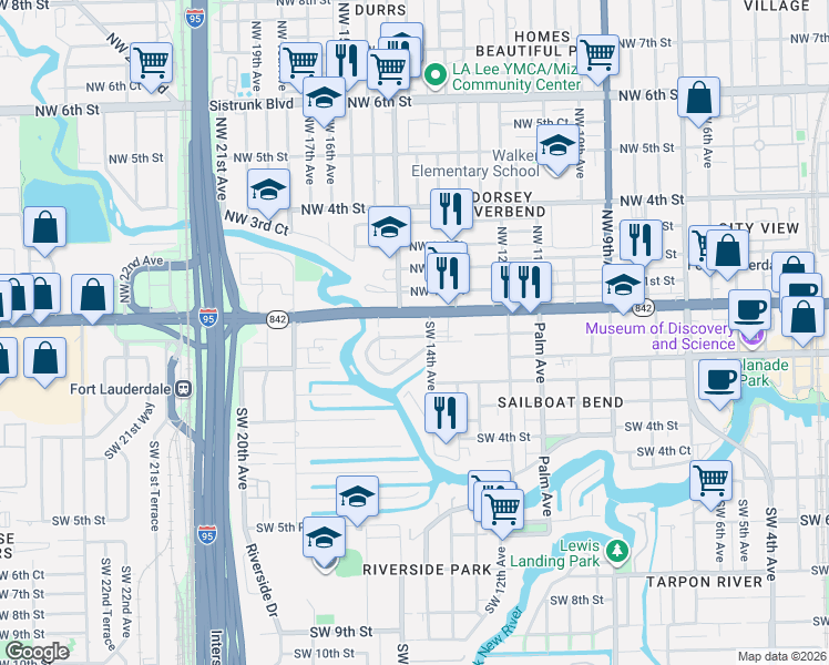 map of restaurants, bars, coffee shops, grocery stores, and more near 1420 Southwest 1st Street in Fort Lauderdale
