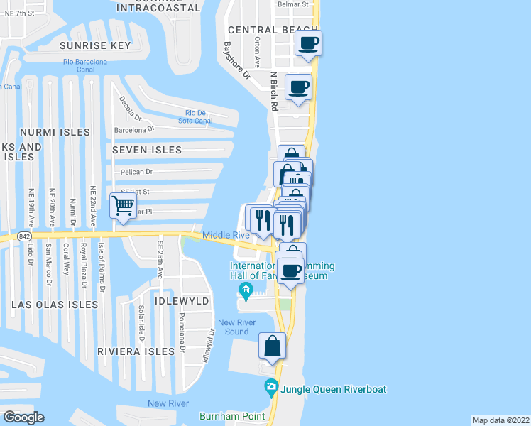 map of restaurants, bars, coffee shops, grocery stores, and more near 135 Poinsettia Street in Fort Lauderdale