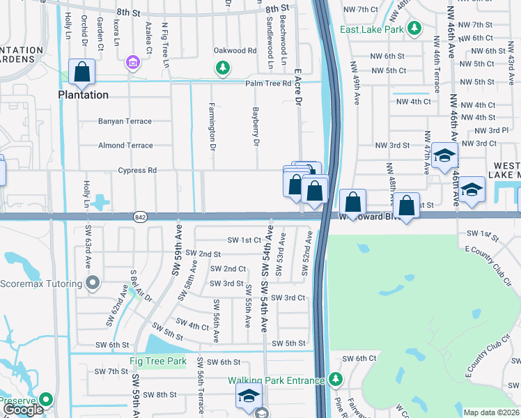 map of restaurants, bars, coffee shops, grocery stores, and more near 5421 West Broward Boulevard in Plantation