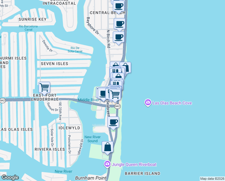 map of restaurants, bars, coffee shops, grocery stores, and more near 135 Poinsettia Street in Fort Lauderdale