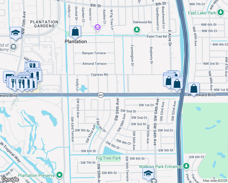 map of restaurants, bars, coffee shops, grocery stores, and more near 5901 West Broward Boulevard in Plantation