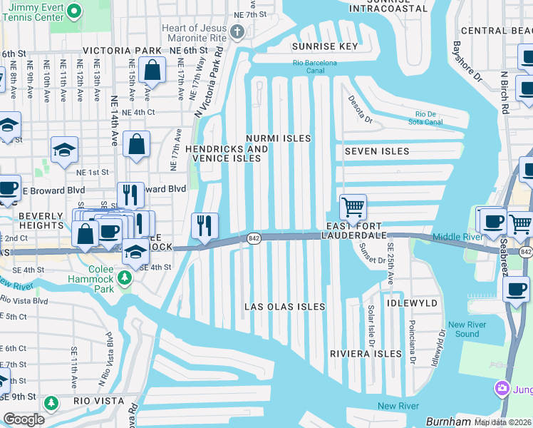 map of restaurants, bars, coffee shops, grocery stores, and more near 7 Fiesta Way in Fort Lauderdale
