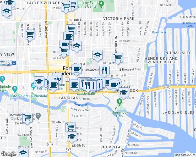 map of restaurants, bars, coffee shops, grocery stores, and more near 38 Southeast 2nd Street in Fort Lauderdale