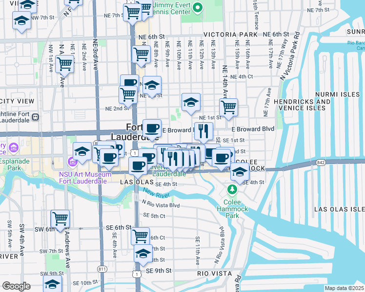 map of restaurants, bars, coffee shops, grocery stores, and more near 38 Southeast 2nd Street in Fort Lauderdale