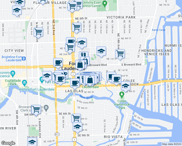 map of restaurants, bars, coffee shops, grocery stores, and more near 827 Southeast 2nd Street in Fort Lauderdale