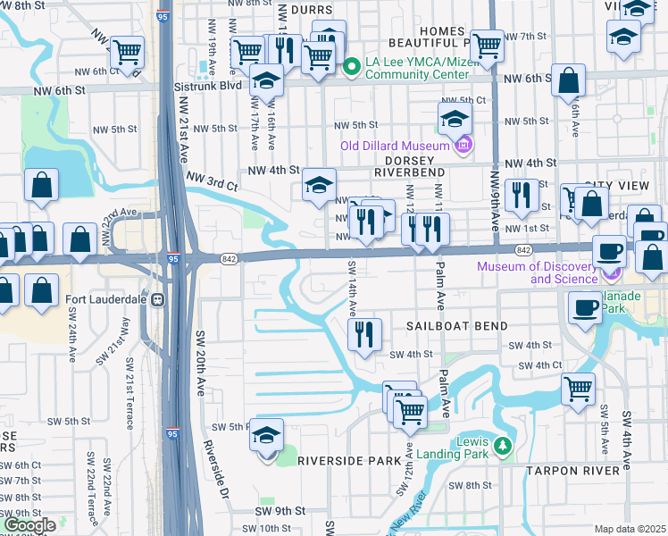 map of restaurants, bars, coffee shops, grocery stores, and more near 1420 Southwest 1st Street in Fort Lauderdale